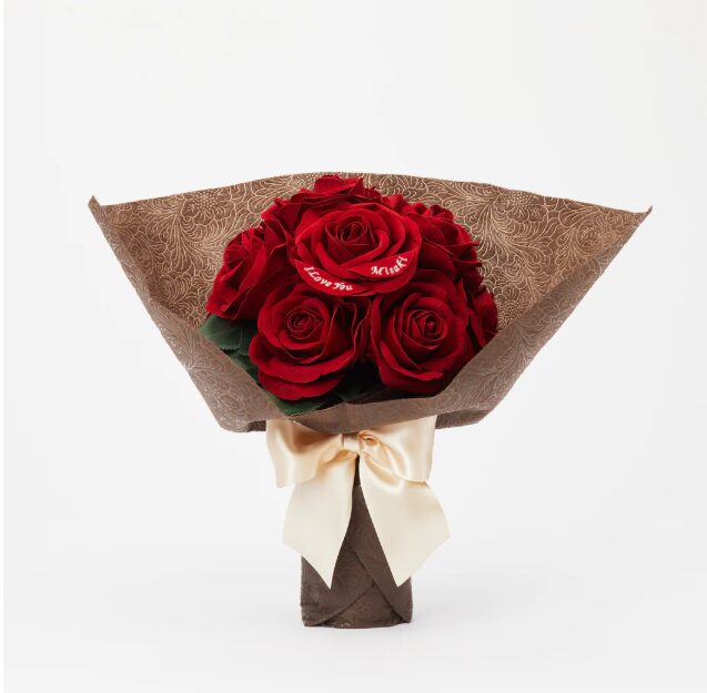 12本の赤バラ花束とガラス花瓶セット・メッセージフラワー